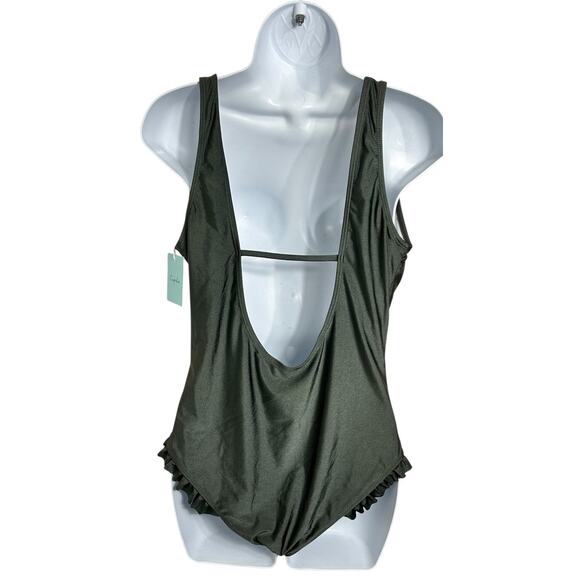 Cupshe Sweet Smile Solid One Piece Swimsuit Sz Large Gray Plunge V Ruffle Legs - Picture 3 of 4